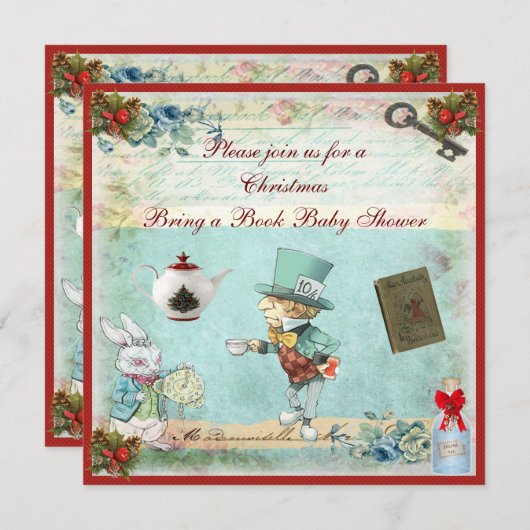 本の帽子屋のクリスマスのベビーシャワーを持って来て下さい 招待状 (正面/裏面)