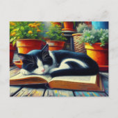 本の庭で眠るタキシード絵画猫 ポストカード (正面)