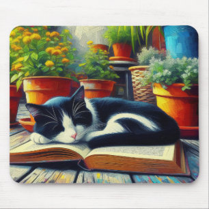 本の庭で眠るタキシード絵画猫 マウスパッド
