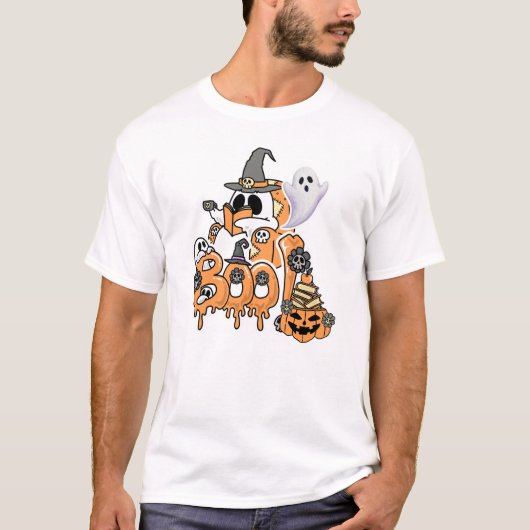 本の愛好家ゴーストがハロウィンに"ブー"と読書する Tシャツ (正面)