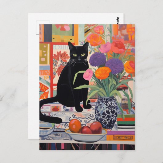 本の花の果物とテーブルの黒猫 ポストカード (正面/裏面)