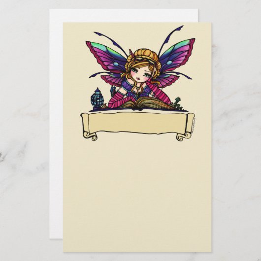 本の虫のハナリン著妖精の図書館のファンタジーの芸術 便箋 (正面/裏面)