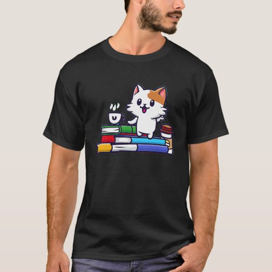 本の虫猫 かわいい猫とコーヒー Tシャツ (正面)