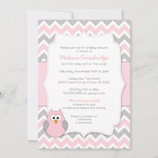 本の要求のピンクのフクロウのベビーシャワー 招待状 (正面)