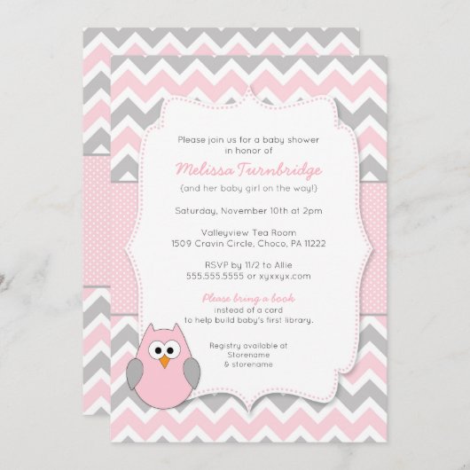 本の要求のピンクのフクロウのベビーシャワー 招待状 (正面/裏面)