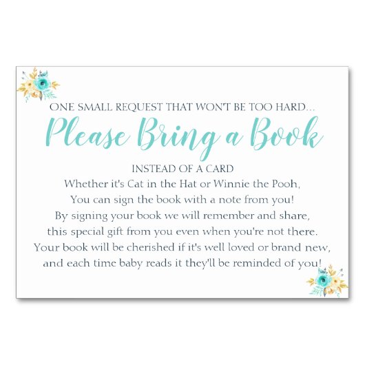 本の要求金ゴールドのティール（緑がかった色）の花のベビーシャワーカード テーブルナンバー (正面)