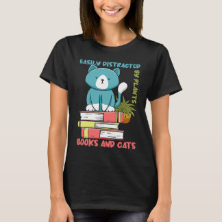 本の読書 植物と猫や本に気を取られやすい Tシャツ