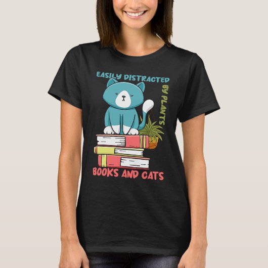 本の読書 植物と猫や本に気を取られやすい Tシャツ (正面)