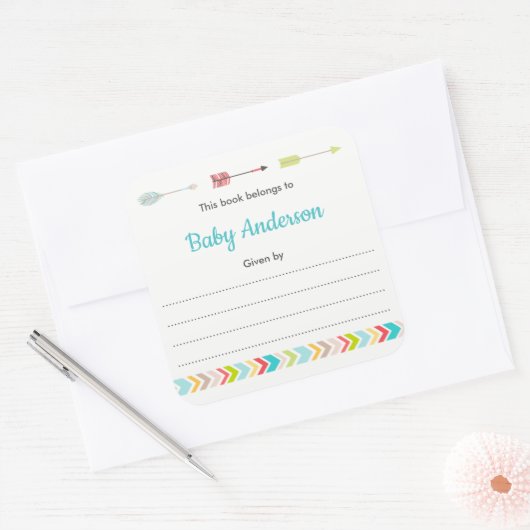 本の赤ちゃんシャワーのためのニュートラル部族蔵書票 スクエアシール (封筒)
