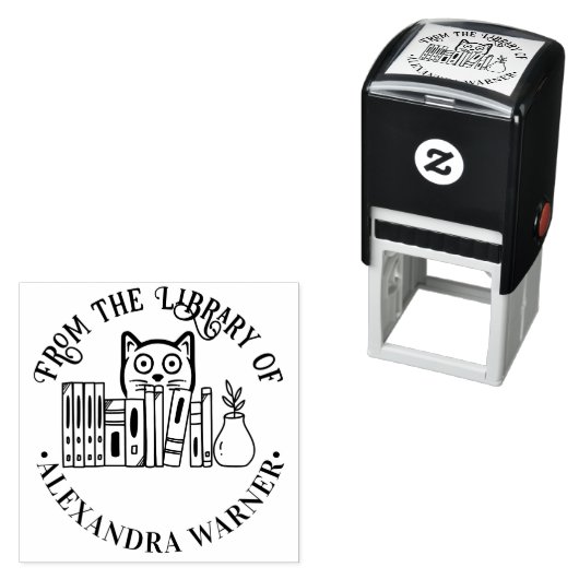 本の陰に隠れる猫 “Rndの図書館から” セルフインキングスタンプ (インサイチュ)