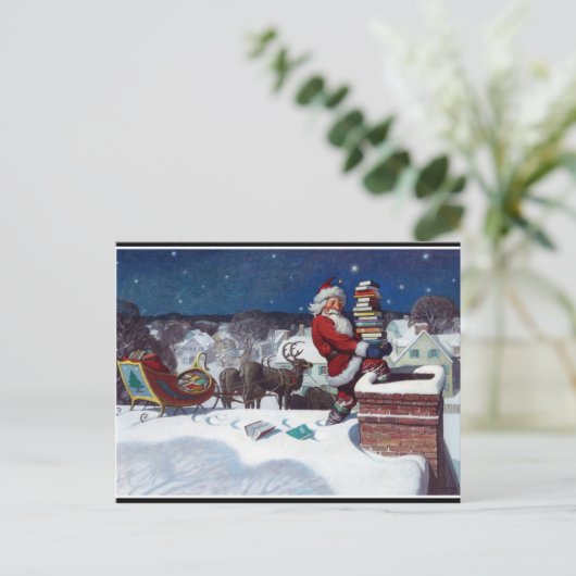 本やアートが満載の素晴らしサンタ絵画ー ポストカード (スタンド正面)
