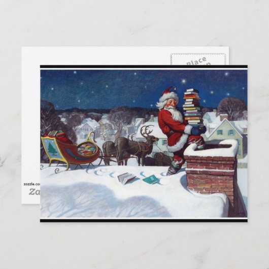 本やアートが満載の素晴らしサンタ絵画ー ポストカード (正面/裏面)