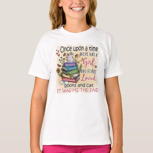 本や猫が大好きな女の子 Tシャツ (正面)