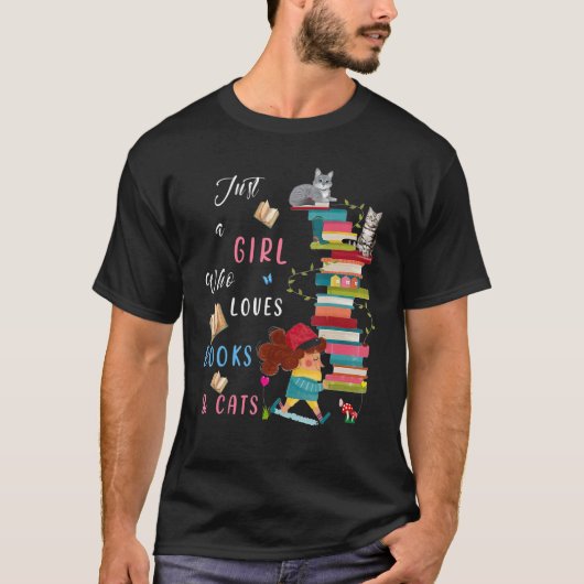 本や猫が大好きな女の子 Tシャツ (正面)