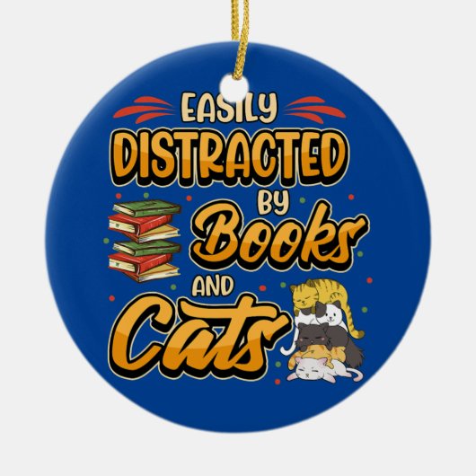 本や猫に気を取られやすいブックワーム本 セラミックオーナメント (正面)