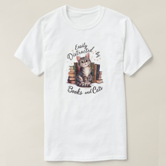 本や猫に気を取られる Tシャツ (デザイン正面)