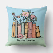本や野花が図書館の青い緑を夢見る クッション (正面)