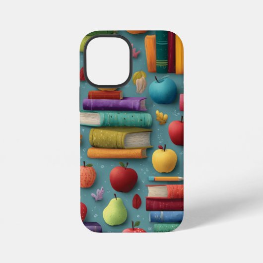 本よくはしゃぐとリンゴのある学校に戻るデザイン iPhoneケース (裏面)