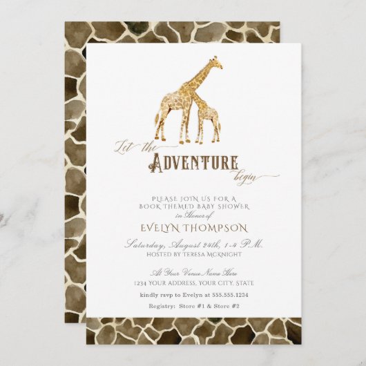 本をテーマにしたサファリ冒険ベビーシャワーキリン 招待状 (正面/裏面)