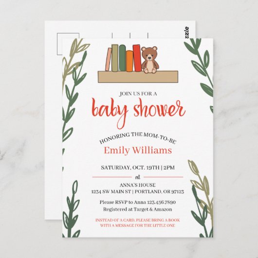 本をテーマにした赤ちゃんシャワー葉書招待状 ポストカード (正面/裏面)