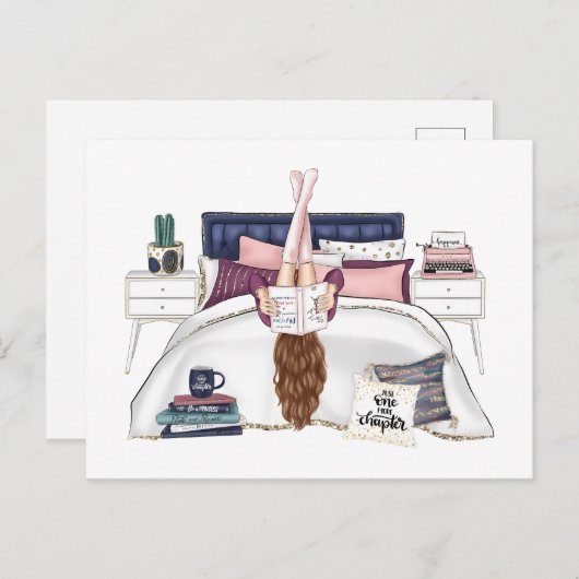 本を愛す読る人のための居心地の良いベッドルームのシーンアートワーク ポストカード (正面/裏面)