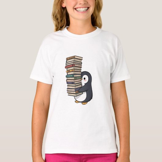本を抱えたペンギンの子供服 Tシャツ (正面)