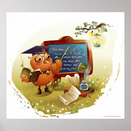 本を持ち黒板教えに載せる鳥 ポスター (正面)