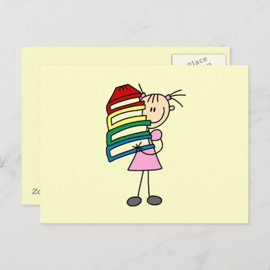 本を持ったスティックガール ポストカード (正面/裏面)
