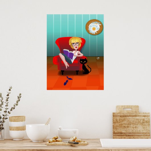 本を持った女の子 ポスター (キッチン)