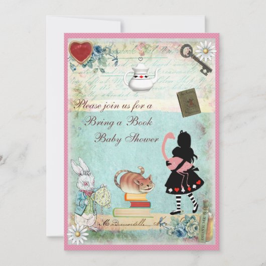 本を持ってきてアリスとピンクのフラミンゴのベビーシャワー 招待状 (正面)