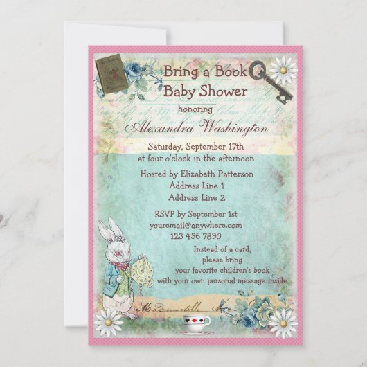 本を持ってきてアリスとピンクのフラミンゴのベビーシャワー 招待状 (裏面)