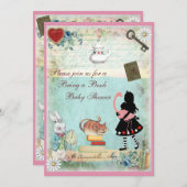 本を持ってきてアリスとピンクのフラミンゴのベビーシャワー 招待状 (正面/裏面)