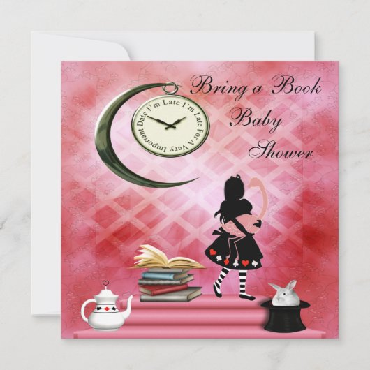 本を持ってきてアリスとピンクのフラミンゴのベビーシャワー 招待状 (正面)