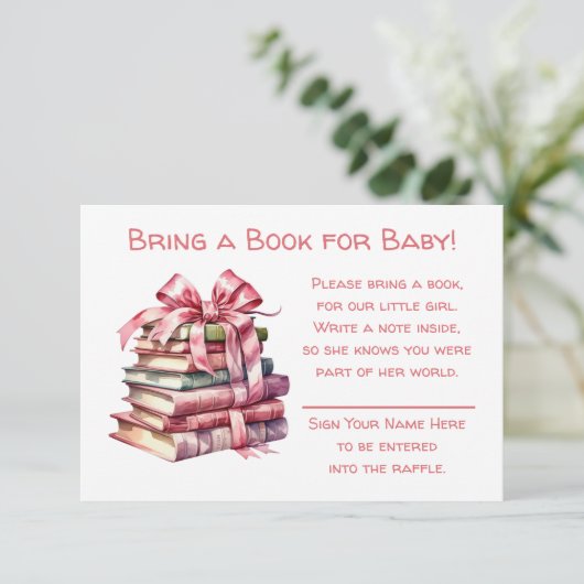 本を持ってベビー |女の子の赤ちゃんシャワー エンクロージャーカード (スタンド正面)