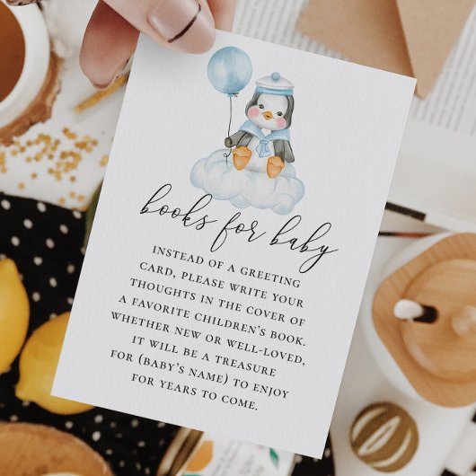 本を持ってベビー。水色かわいいペンギン エンクロージャーカード