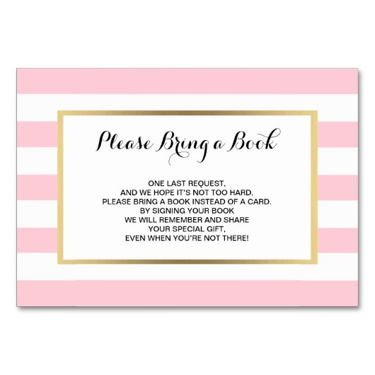 本を持って来て下さい-ピンクの女の子のベビーシャワーカードを縞で飾ります テーブルナンバー (正面)