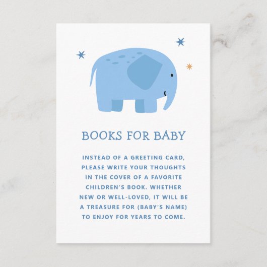本を持って男の赤ちゃん。かわいい青い象 エンクロージャーカード (正面)
