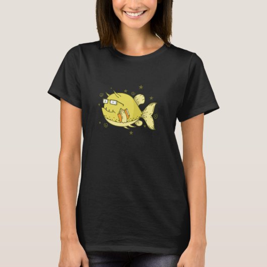 本を持つオタク牛魚の水槽 Tシャツ (正面)