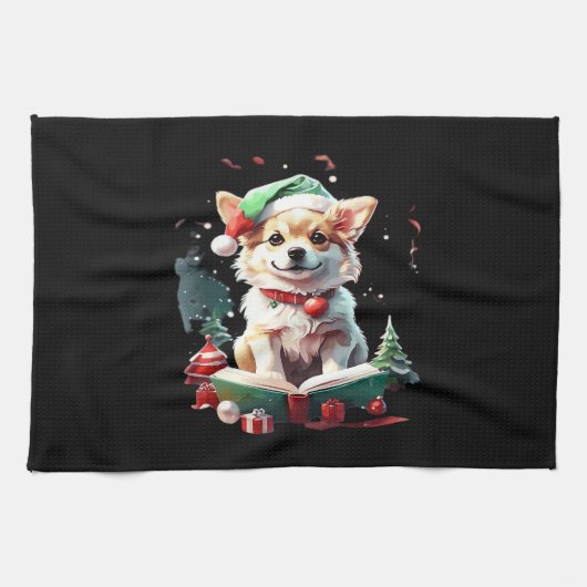 本を持つクリスマス帽子の犬 - 完璧なクリスマス キッチンタオル (横)