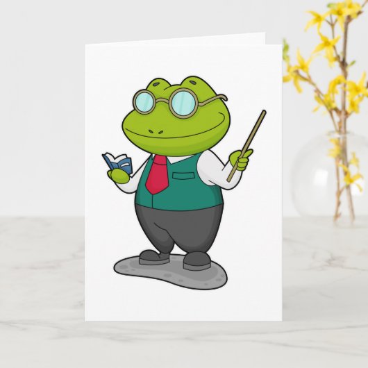 本を持つ教師のカエル カード (黄色い花)