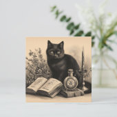 本を持つ黒猫のヴィンテージイラスト カード (スタンド正面)