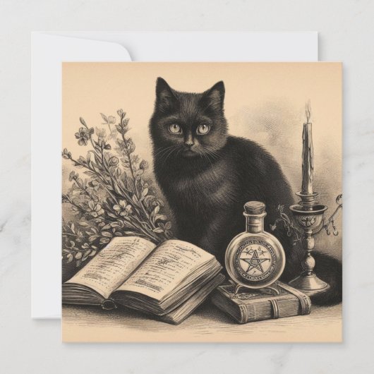 本を持つ黒猫 ヴィンテージイラスト カード (正面)