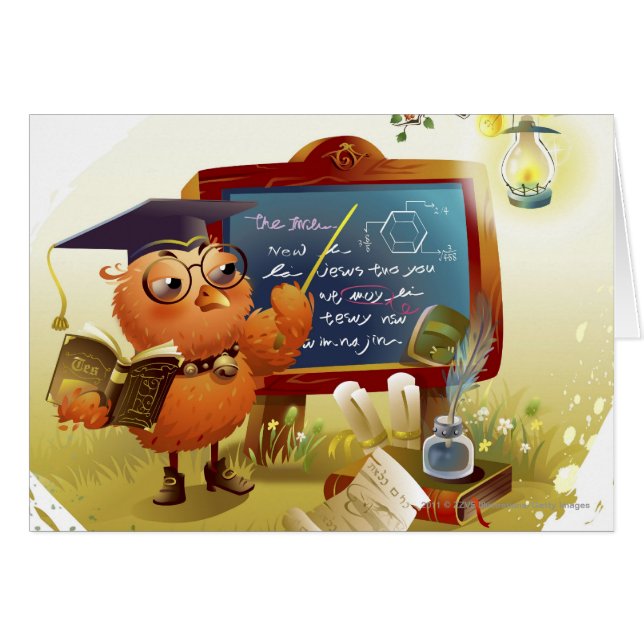 本を握り、黒板で教えている鳥 (正面横)