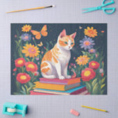 本を積み重ねた猫 薄葉紙 (クラフト)