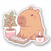 本を読みコーヒーを楽しむかわいいカピバラ シール (正面)