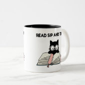 本を読むかわいい猫とコーヒーを楽しむ ツートーンマグカップ (正面右)