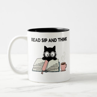 本を読むかわいい猫とコーヒーを楽しむ ツートーンマグカップ