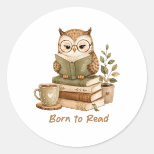 本を読むために生まれた かわいいフクロウの本好きデザイン ラウンドシール