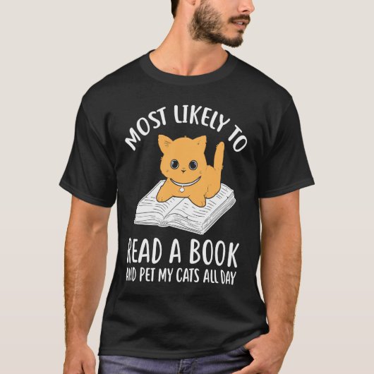 本を読むのが大好きな読者 おそらく本を読むネコ Tシャツ (正面)