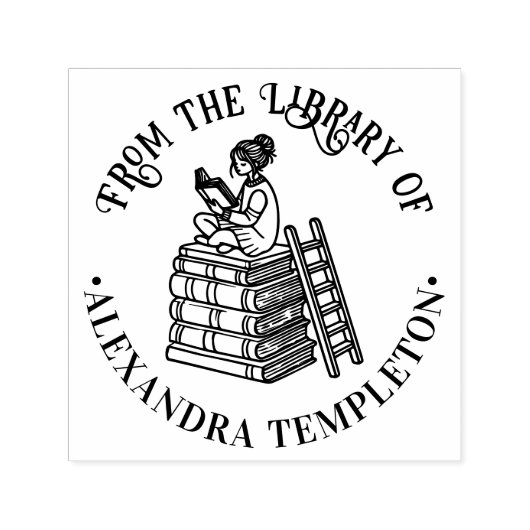 本を読む女の子 その3 図書館 本の名前 セルフインキングスタンプ (デザイン)